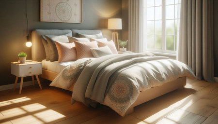 Luxury bedroom interior with bed and lamp. 3d render