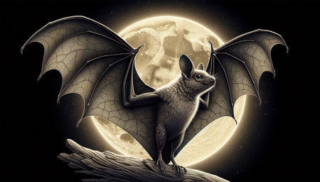 Illustration of a bat on a background of the full moon.