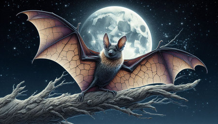 Halloween background with bat and full moon. 3D rendering.