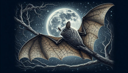 Halloween background with bat and full moon.  Illustration.