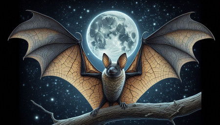 3D rendering of a fantasy vampire bat against a full moon background