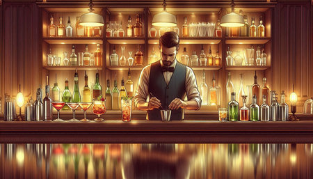 Young handsome barman in elegant suit making cocktail at night club. Mixed mediaの写真素材