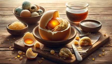 Easter eggs with yolk, honey and nuts on wooden background