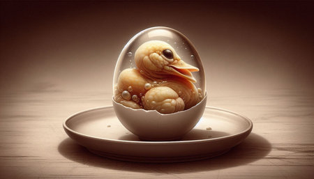 Cute duckling inside an egg shell on a wooden background.