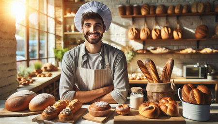 Handsome young man in apron is smiling and looking at camera while working in bakery
