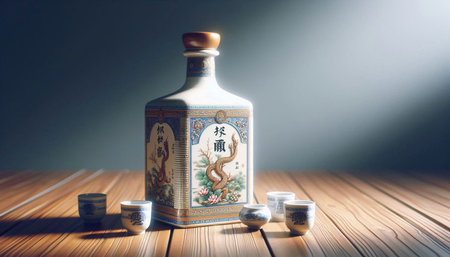 Old bottle with hieroglyphs and teapot on wooden tableの写真素材