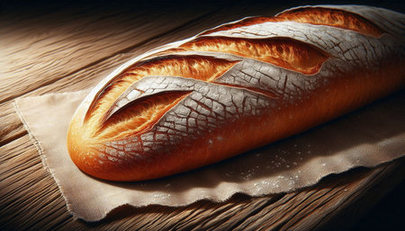 Freshly baked bread on wooden table. Close up. Toned.