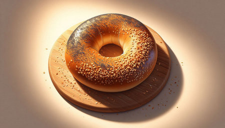 Bagel with sesame seeds on a wooden board. 3d rendering