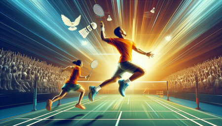 Badminton players in action at the sport arena. Mixed mediaの写真素材