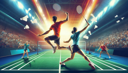 Badminton players in action at the sports arena. Mixed mediaの写真素材