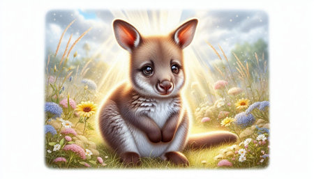 Kangaroo in the meadow with flowers. 3d illustrationの写真素材