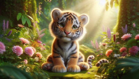 Tiger cub sitting in the garden with flowers. 3d renderingの写真素材