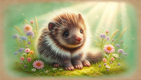 Cute hedgehog with flowers on green grass. Vintage background.の写真素材