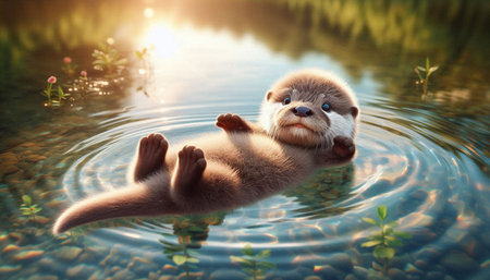 Cute little baby otter swimming in the water. 3d rendering