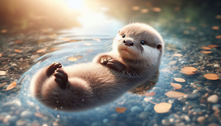 Cute little baby otter floating in water and looking at cameraの写真素材