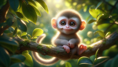 Little cute monkey sitting on a tree branch in the forest. Animal portraitの写真素材