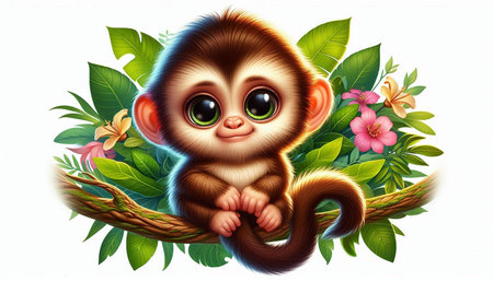 Illustration of a cute little monkey sitting on a branch with flowers