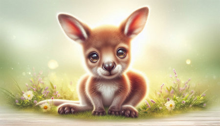 Cute kangaroo sitting on the green grass with flowers.の写真素材