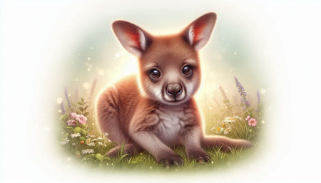 Funny kangaroo on a meadow with flowers, illustrationの写真素材