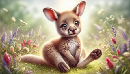 Cute kangaroo sitting in the meadow with flowers.の写真素材