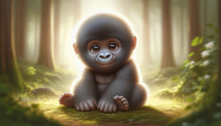 3D rendering of a cute baby gorilla sitting in the forest.の写真素材