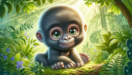 3d illustration of a cute baby monkey sitting in the green forest