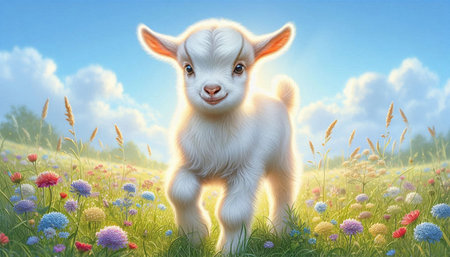 Cute little baby goat standing in the meadow with flowers. 3d renderingの写真素材