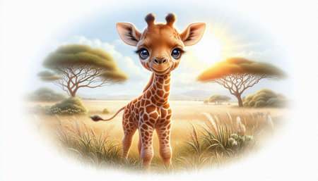 Cute giraffe in savannah at sunset. 3D renderingの写真素材