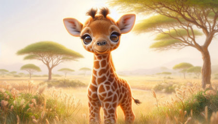 Baby giraffe in the savannah. 3d render illustration.の写真素材