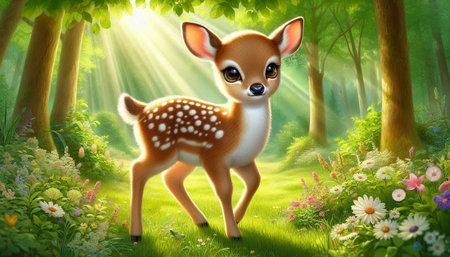 Fawn in the forest - 3d render. Nature background.の写真素材