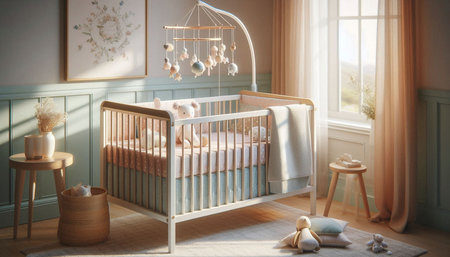 Baby room interior with crib and toys. Vintage style. 3d renderの写真素材