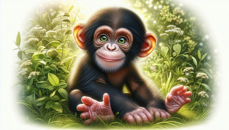Chimpanzee sitting on green grass and looking at camera.