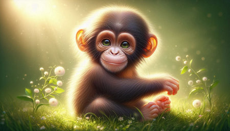 Chimpanzee sitting on green grass with lily of the valleyの写真素材