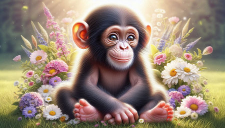 Baby chimpanzee in a meadow with flowers. 3d renderingの写真素材