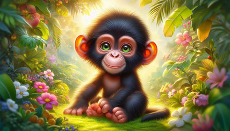 Chimpanzee in the jungle - 3d illustration. Cartoon character
