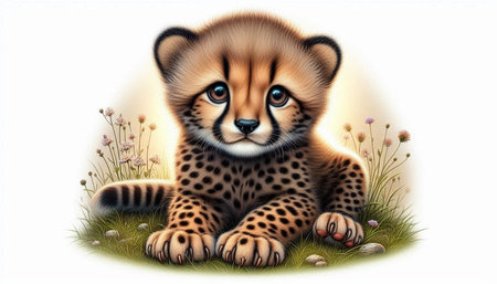 Cute baby cheetah lying on the grass. Vector illustration.の写真素材