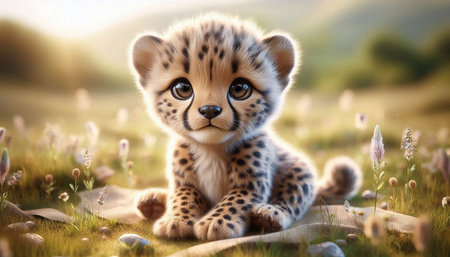 Cute baby cheetah sitting on grass with flowers. 3d renderingの写真素材