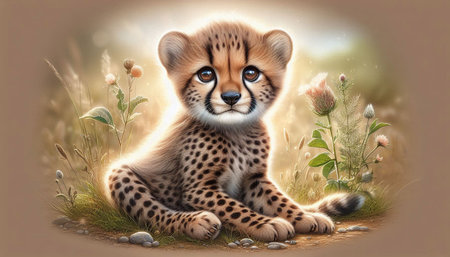 Cheetah cub sitting on grass with flowers. Digital painting.の写真素材