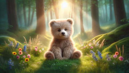 Puppy of brown teddy bear sitting in the green forestの写真素材