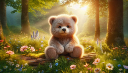 teddy bear sitting on a wooden bench in the forest with flowersの写真素材