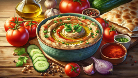 Bowl of hummus with vegetables and spices on wooden background.の写真素材