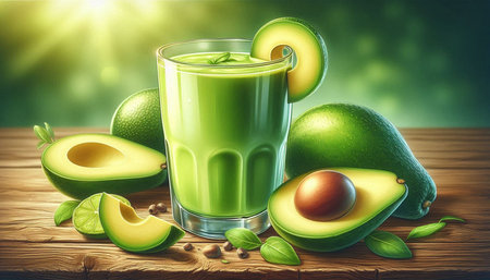 Avocado juice in a glass with fresh avocados and lime