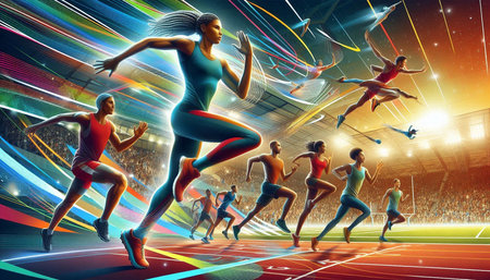 Sportswomen running on a stadium track. 3D rendering.の写真素材