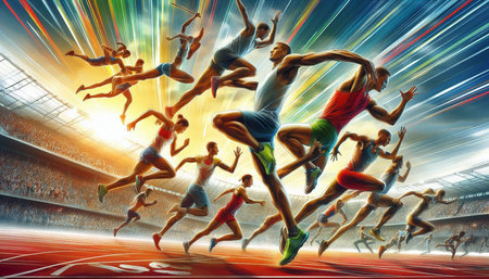 Athletes running in a stadium at high speed. 3D rendering
