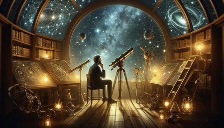 Young man looking through a telescope in a dark room. Mixed media