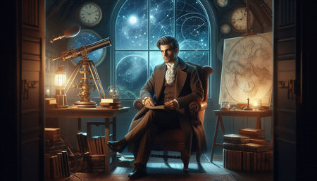 Young man in a suit sitting on a chair and reading a book
