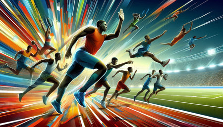 Sport and healthy lifestyle concept as a group of athletes running on a stadium track to compete for victory as a 3D illustration.の写真素材