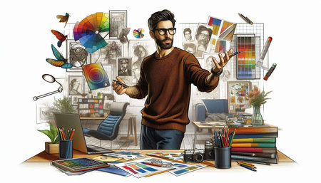 Creative drawing of a man working in the office with a computer