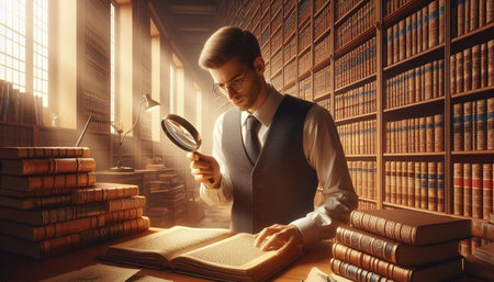 Lawyer looking through a magnifying glass at the bookshelf