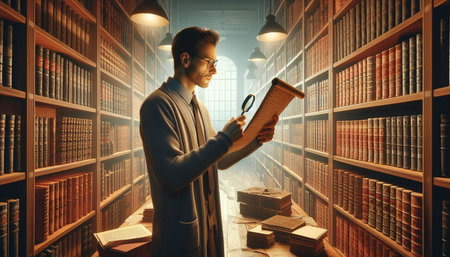 Young man in the library with a magnifying glass and a book